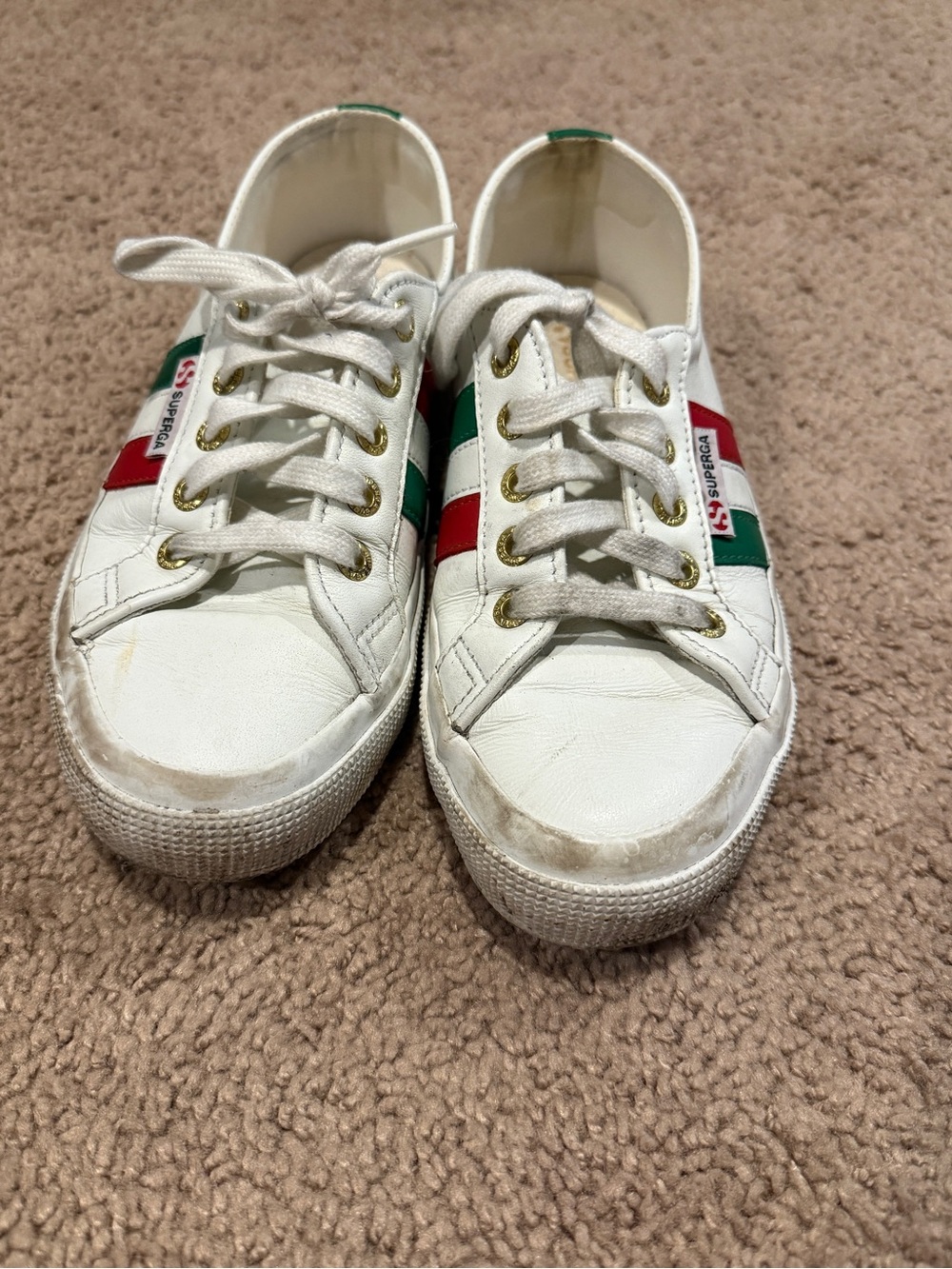 Superga White Low-Top Sneakers with Red and Green Stripes